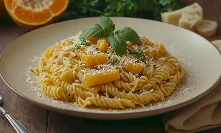 Un plato lleno de pasta cocida, una vibrante salsa de calabaza anaranjada goteada en la parte superior, un poco de queso parmesano rallado rociado alrededor, una rociada de hojas de perejil frescas, y una cálida y acogedora iluminación de fondo