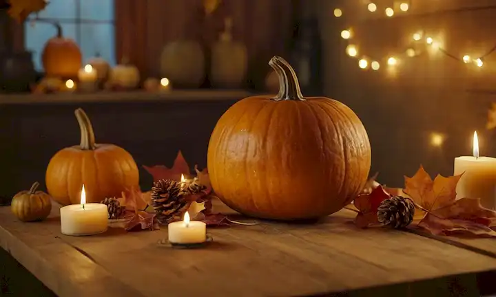 Calabaza fresca en una tabla de corte rústica de madera, rodeada de hojas de otoño y luces de gemelo, con varios tamaños y formas de calabazas cortadas en el fondo, mostrando diferentes texturas y ángulos, todo en contra de una paleta de oro caliente hora