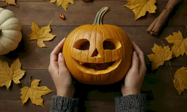 Una cálida escena otoñal con una persona que sostiene una calabaza tallada a lavuelta, rodeada de hojas de oro y vides, contra un fondo rústico de madera