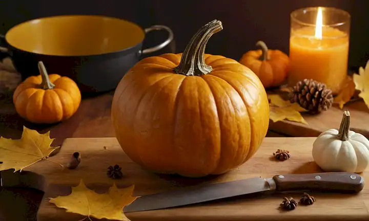 Calabaza de oro en una tabla de corte rústica de madera