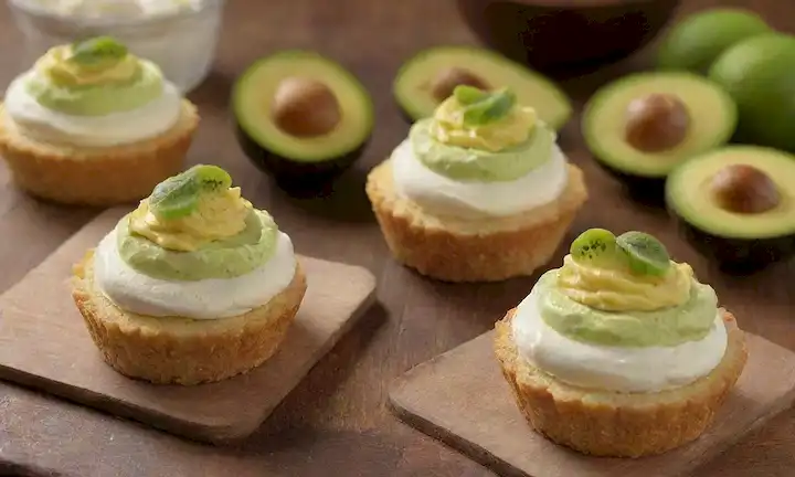 5 postres fríos cremosos en una mesa de madera rústica, rebanadas de aguacate y uvas frescas, colores amarillos y verdes vibrantes, toppings de crema batida, refrescante golosinas de verano