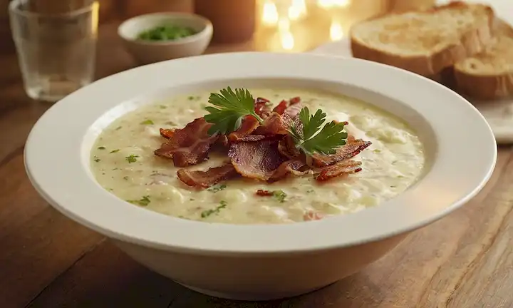 Creamy repollo sopa en un tazón blanco sobre una mesa de madera