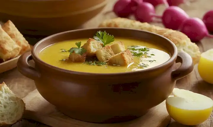 Un cuenco cálido y dorado lleno de una sopa amarilla vibrante, cubierto de croutones crujientes y perejil fresco picado, rodeado de rábanos cortados, luz suave ilumina la escena, cuchara rústica de madera descansa en el lado