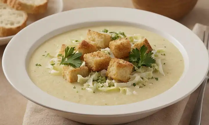 Tazón de sopa de crema llena de repollo tierna triturado, rematado con croutones crujientes y un espolvor de perejil fresco, configurado en un fondo beige cálido