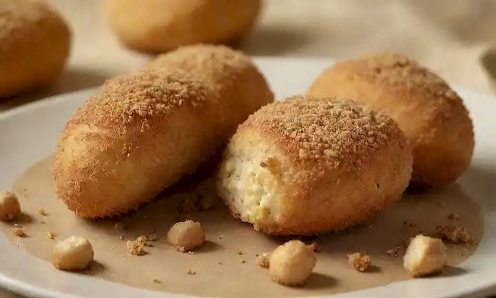 3-4 croquetas doradas, relleno de hongos visibles, recubrimiento crujiente de migajas, migas tostadas por pan dispersadas, fondo de enfoque suave, beige cálido y tonos amarillos