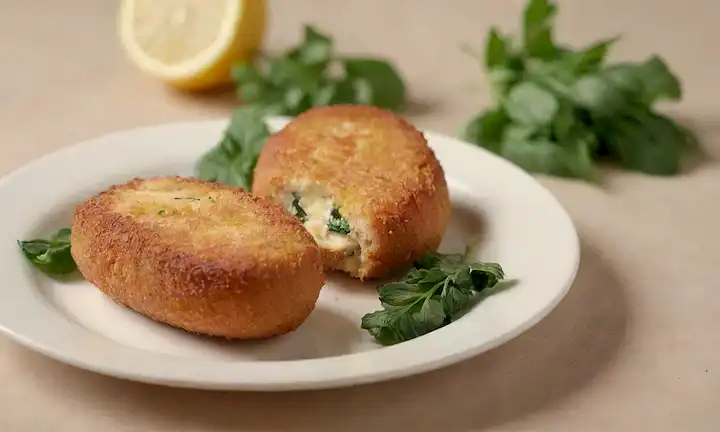 3-4 croquetas doradas doradas con queso fundido y espinacas, servidas en una pequeña placa blanca, adornadas con ramitas de perejil fresco y una rodaja de limón, contra un fondo beige cálido, con un enfoque sutil en el centro
