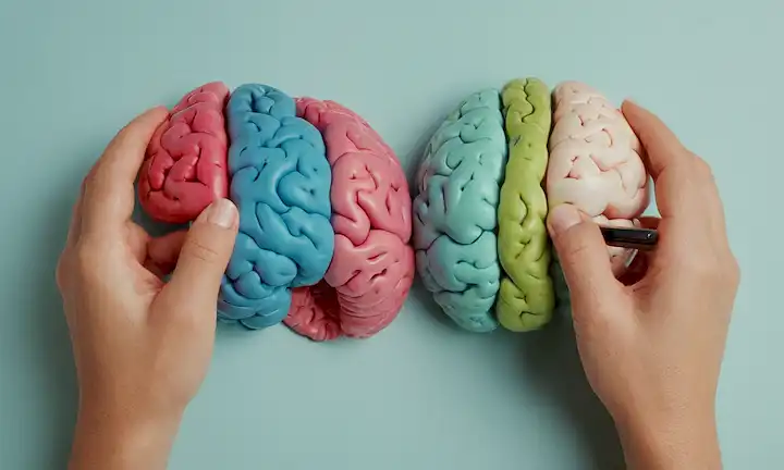 cerebro 3D con hemisferios izquierdos y derecho en diferentes colores, sosteniendo un lápiz o lápiz con dedos entrelazados, formas creativas y patrones que lo rodean, una textura de fondo sutil que recuerda papel o tela, paleta de colores brillante y juguetón