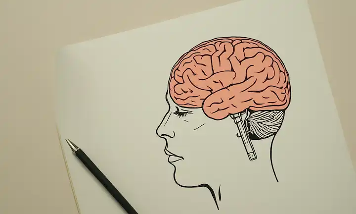 Persona zurda que sostiene un lápiz o lápiz, con un escaneo cerebral o un diagrama que muestra la especialización hemisférica en el fondo, rodeada de sutiles claves visuales que hacen referencia a la simetría y la asimetría, posiblemente incluyendo una imagen espejo o un reflejo de un objeto cotidiano para enfatizar las diferencias de entrega, en contra de una paleta de color neutro calma