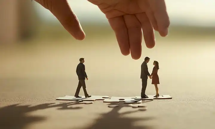 2 personas caminando en direcciones opuestas, una pareja de pie a una distancia, una pieza de rompecabezas rota, un rayo de sol apagado, un fondo borroso, sombras divergentes, incertidumbre grabada en caras, manos que se acercan entre sí pero faltan, un sentido de impermanencia y desconexión