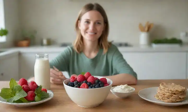 Un cuenco de yogur cremoso con una cuchara y algunas bayas frescas, un vaso de leche fría con un chorro de menta, un plato de queso rebanado y galletas de grano entero, un cartón de leche de almendra en un mostrador de cocina, y una persona sonriente en el fondo con una cesta de productos frescos de granja