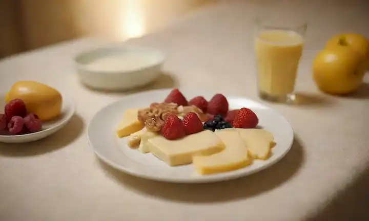 Un plato con un vaso de leche y queso sobre un mantel, rodeado de rodajas de fruta fresca, nueces y un tazón de yogur en el fondo, contra una luz amarilla cálida