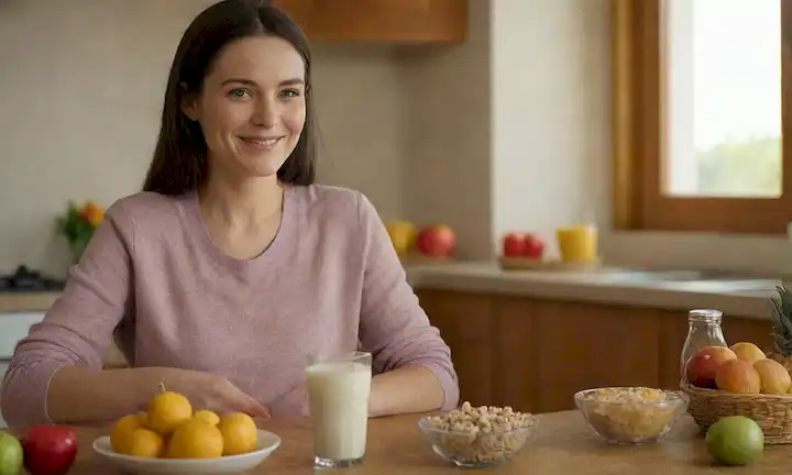 Una madre feliz con un vaso de leche fría, con una canasta de frutas y verduras frescas en el fondo, rodeada de un ambiente de cocina cálido y acogedor, con un plato de aperitivos saludables en la mesa, y un tazón de cereal en el mostrador
