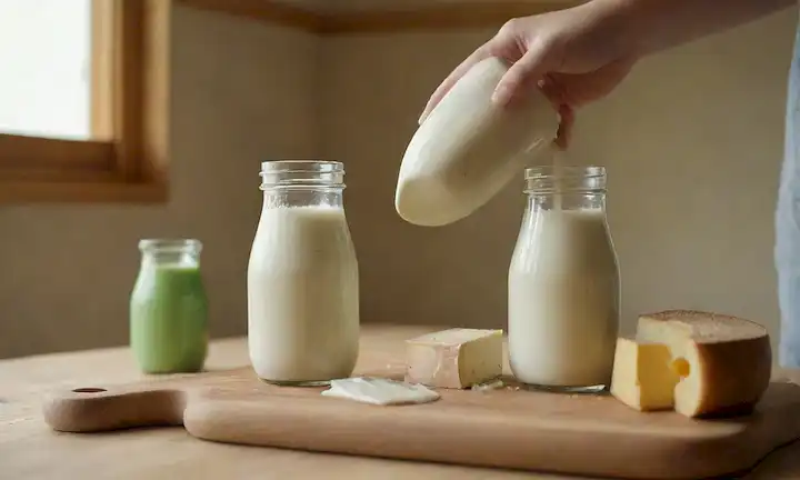 Botellas de leche verde recién recogidas, una vaca blanca pastando en un prado soleado, un vaso de vapor de leche fría que se derrama, una rodaja de queso en una tabla de corte de madera, un niño feliz que sostiene un cartón de yogur