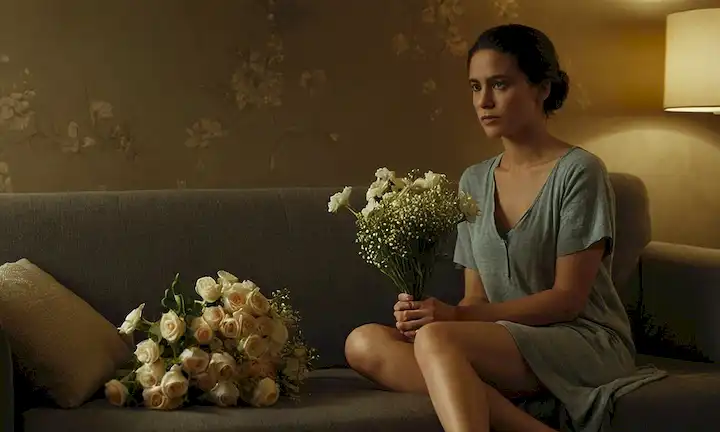 Una persona sentada en un sofá con una expresión sombría, sosteniendo un ramo de flores marchitas, en un cuarto iluminado con sombras en las paredes