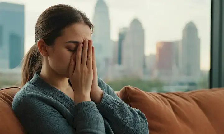 Una persona sentada en un sofá con una expresión triste