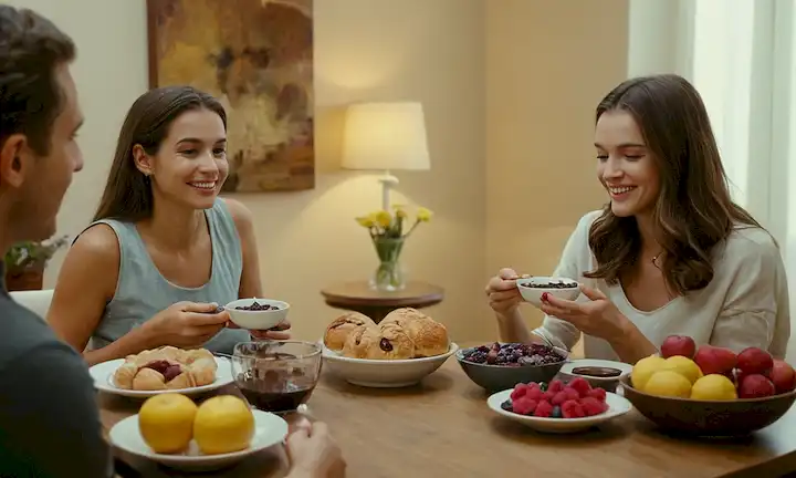 3-4 personas con cálidas sonrisas, sentadas en una mesa de desayuno, rodeada de frutas frescas, flores e iluminación suave, disfrutando de cuencos o tazas llenas de chocolate, posiblemente con algunas pastas y pan en el fondo, transmitiendo una sensación de comodidad, relajación y indulgencia