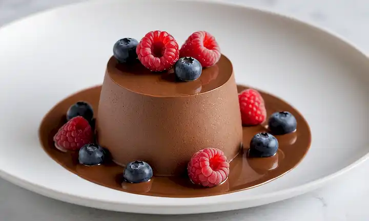 Mousse de chocolate 3D con textura cremosa, color marrón dorado, superficie lisa, presentación delicada en una placa blanca, pocas bayas frescas dispuestas alrededor de ella