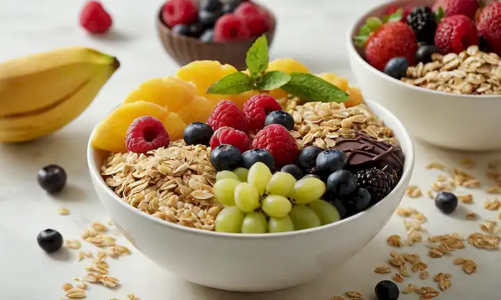 Tazones 3D con racimos de avena crujiente, deslumbrados con chocolate oscuro rico, rodeado de frutas coloridas y verdes frescos, en un fondo blanco limpio, con luz natural