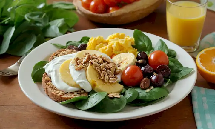ensalada de frutas frescas, tazones llenos de yogur griego y granola, tostadas de grano entero con plátanos rebanados, un vaso de jugo de naranja recién exprimido, un plato de huevos revueltos con espinacas y tomates de cereza, una arruga de afeitaciones de chocolate oscuro en la parte superior, un fondo verde vibrante