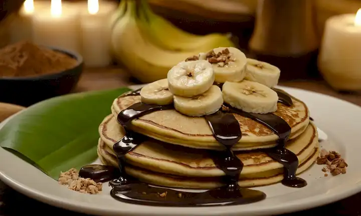 3-4 plátanos maduros rebanados en un plato, marrón dorado y salsa de chocolate gooey goteado en la parte superior, tortitas crumbly o tortillas en el fondo, iluminación caliente, y algunas hojas de plátano frescas cercanas, posiblemente con un poco de canela o nuez diseminada