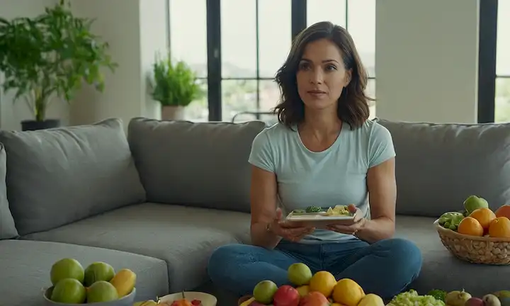 Una persona sentada cómodamente en una silla con una expresión relajada, sosteniendo un plato con una<center><img data-lazyloaded=