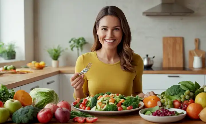 ilustración 3D de una persona rodeada de alimentos saludables, con un plato de comidas ricas en nutrientes delante, y una escala equilibrada con un resultado positivo simbolizado por una sonrisa, representando un exitoso viaje de pérdida de peso