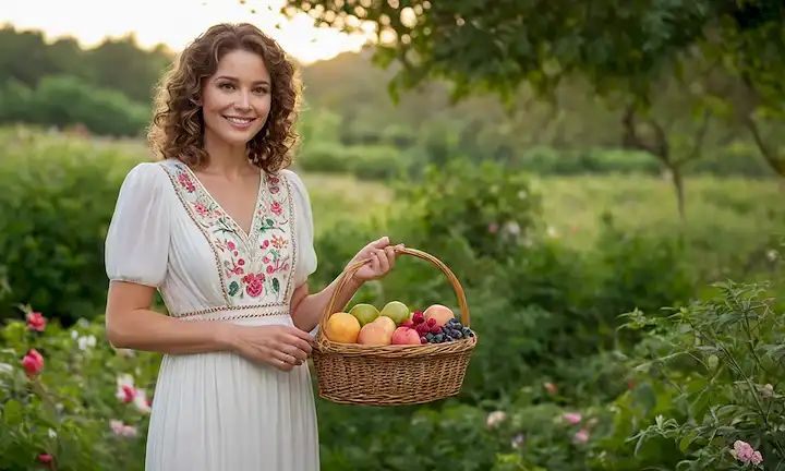 Una mujer de mediados de los 30 años con pelo rizado y una suave sonrisa se encuentra con confianza frente a un fondo natural sereno, con un sutil toque de luz del amanecer o del atardecer, rodeado de exuberante vegetación y flores coloridas, usando un vestido blanco fluido con bordado intrincado, sosteniendo una pequeña canasta llena de frutas frescas y hojas