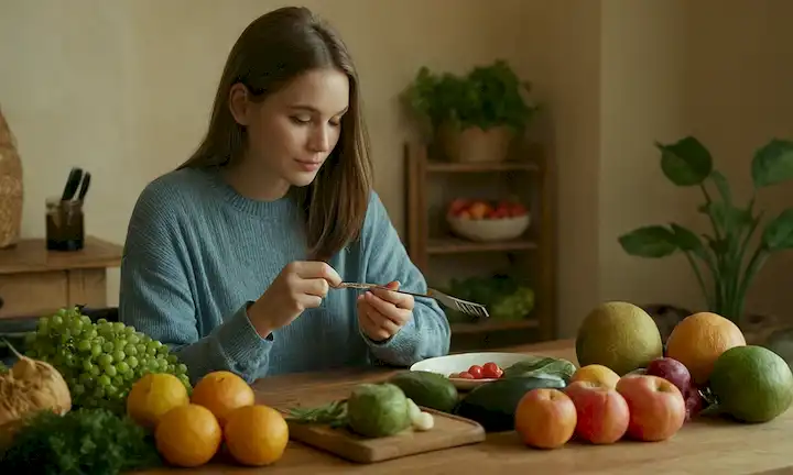 Una persona sentada en una mesa, rodeada de frutas y verduras, sosteniendo un tenedor y un cuchillo, con un ambiente cálido y acogedor, con suave luz, tonos terrenales y un fondo relajado, transmitiendo un sentido de serenidad y armonía
