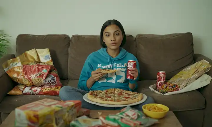 una persona rodeada de comida basura
