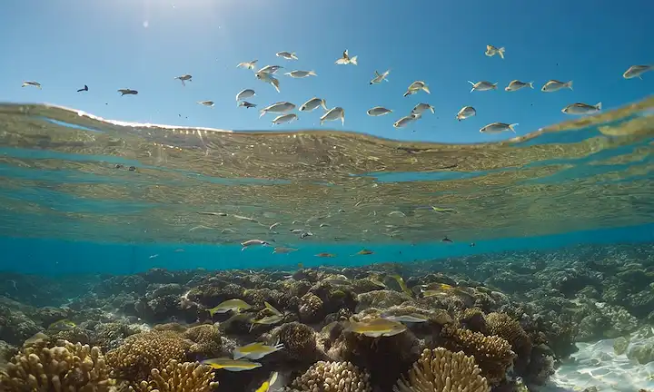 Un plato de peces de color dorado con escamas que brillan, nadando en un mar cálido y soleado; escuelas de peces pequeños atreviéndose alrededor de él; fondo de algas y arrecifes de coral; cielo azul brillante por encima; algunas gaviotas volando sobre la cabeza