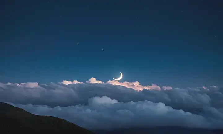 Un cielo nocturno sereno con una luna crescente, una nube blanca desbordante formada como una figura para dormir, un suave movimiento de onda en las nubes que se asemejan a una almohada, un efecto de enfoque suave para transmitir un sentido de sueño pacífico, una textura sutil superpuesta para parecerse a sábanas de satén