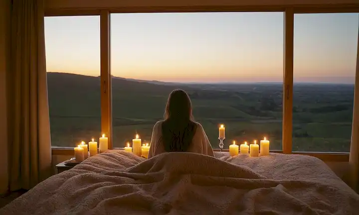 Una escena de puesta de sol serena con una persona acostada en una cama cómoda, rodeada de velas calmantes, flores y mantas suaves, con una suave brisa soplando por la ventana abierta, creando un sentido de tranquilidad y relajación