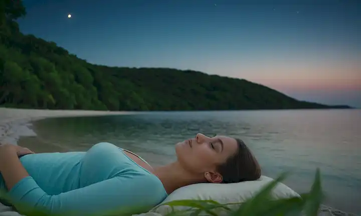 Un paisaje sereno con un suave cielo iluminado por la luna, un lago tranquilo o mar en el fondo, una persona acostada en la playa o en el borde de las aguas con ojos cerrados y relajados expresión facial, rodeado de exuberante vegetación y efectos sutiles de iluminación