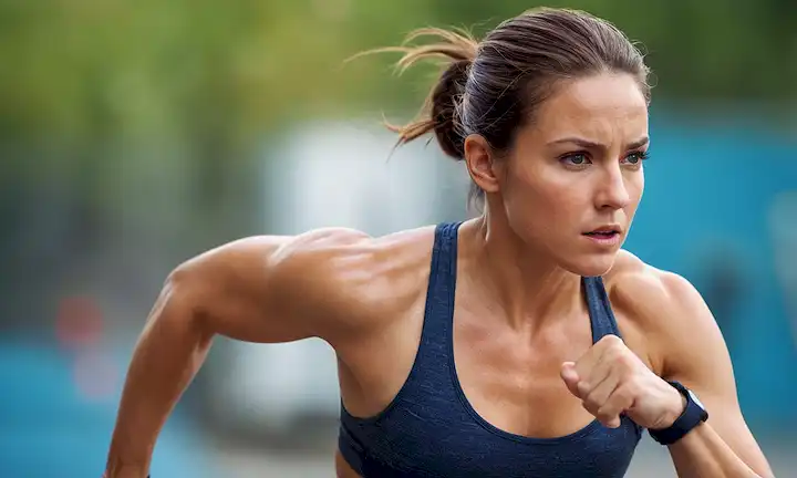 Una mujer en una pose dinámica, sudoración y enfoque; su cara con determinación; piernas fuertes y brazos flexionados; colores audaces para evocar entrenamiento de intervalos de alta intensidad; formas abstractas que insinúan la liberación de energía; un fondo borroso con movimiento borroso