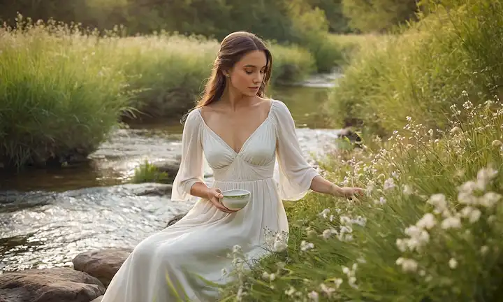 Un paisaje sereno con un suave flujo de río, vegetación suave y flores delicadas, con una mujer en un vestido blanco fluyente, sosteniendo un pequeño tazón o taza, rodeado de colores relajantes como tonos pasteles, con pinceladas sutiles acuarelas, que representan una sensación de calma y serenidad