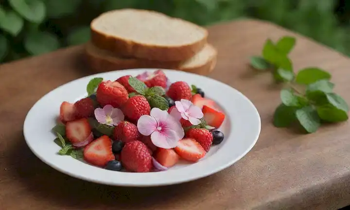 Un plato de vibrante ensalada de frutas rojas rodeada de exuberante vegetación, con una rodaja de pan crujiente en el lado, adornado con flores comestibles y una espolvorea de menta fresca, con un fondo de madera caliente