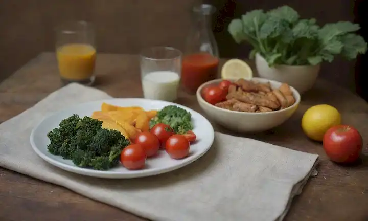 Un plato colorido con verduras frescas, un vaso de bebida fría, una mesa de madera rústica, un paño de lino, un tazón de frutas, un frasco de especias, un cuchillo de chefs, y una mano sosteniendo un frondoso verde
