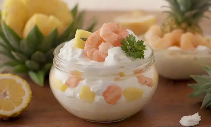 Chuletas de piña frescas, camarones suculentos, crudités, crema batida ligera y aireada, vegetación tropical, tonalidades doradas, jarra de vidrio o tazón con tapa, elegante pero rústica presentación