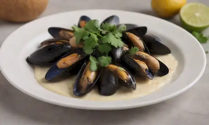 Mejillones frescos en una placa blanca, rodeado de una salsa de cítricos y cremosos de coco, adornados con copos de coco tostados, hojas de cilantro frescas y cuñas de limón cortadas