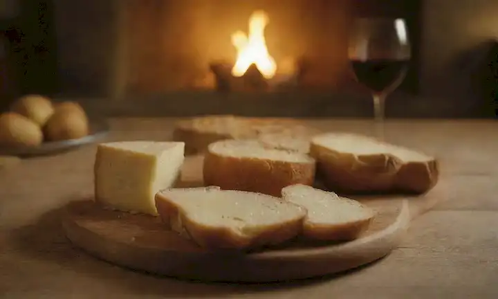 caliente, rústica mesa, queso dorado y membrillo en una tabla de madera, rodajas de pan crumbly cerca, vaso de vino en un ángulo, luz suave iluminando la escena