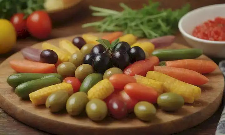 Verduras coloridas, aceitunas rellenas con relleno vibrante, plato de aperitivo, tabla de madera rústica, hierbas frescas, servilleta decorativa, crudités, arreglo atractivo, iluminación cálida, presentación apetitosa