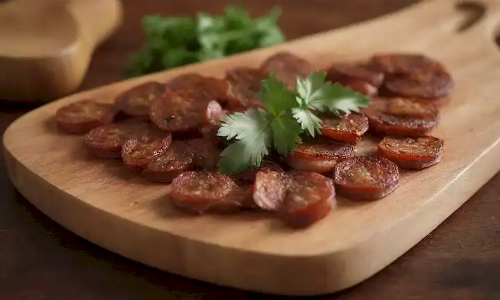 tabla de corte de madera, rodajas crujientes chorizo, cebollas caramelizadas, cuchara rústica de madera, plataformas de perejil frescas, iluminación de oro caliente, sombras atractivas, colores vibrantes