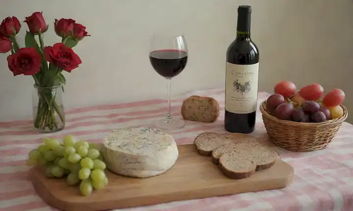 Una mesa con un mantel de rayas rojas y blancas