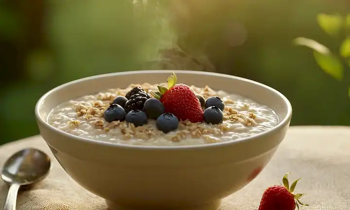Un tazón de avena caliente al vapor con un dollop de bayas frescas y una espolvor de azúcar morena