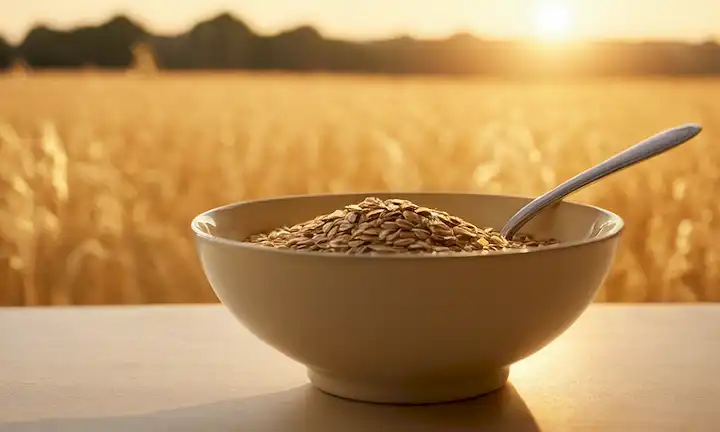 avena dorada, luz solar de la mañana, cálida y reconfortante, mesa de desayuno, cuenco vacío, cuchara a un lado, foco suave, borrón suave