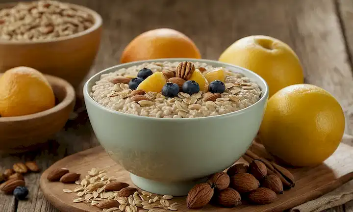 Una imagen de tono cálido con un tazón o una taza llena de avena (Avena), rodeada de frutas frescas y nueces, en una mesa de madera rústica, con una luz ambiente calmante