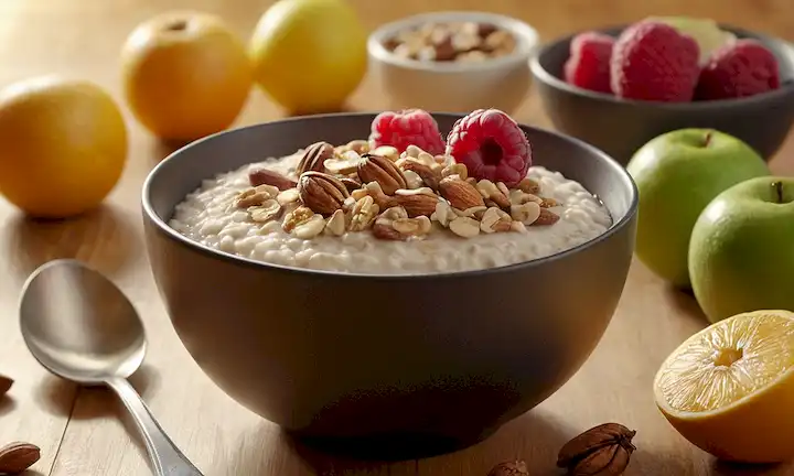ilustración 3D de un tazón con avena caliente vaporizada, rodeada de frutas frescas y nueces, con una luz caliente irradiando desde dentro, transportando salud y solidez