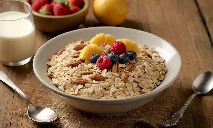 Tazón de avena enrollada con frutas frescas y nueces, luz de oro caliente, fondo rústico, granos de avena derramados, un vaso de leche cerca, una cuchara y tenedor acostado en el lado