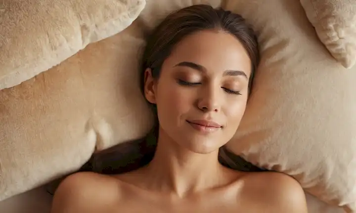 Una mujer serena con piel impecable, sonrisa suave y ojos cerrados, acostada en una almohada o sofá de peluche, con una fuente de luz suave que emana de arriba, destacando sus características, rodeada de un fondo minimalista, posiblemente con algunas herramientas de cuidado facial sutil o productos cercanos