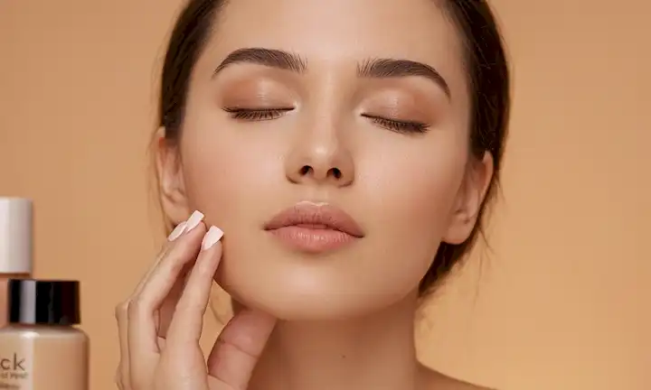 Una mujer con una tez suave y brillante, con maquillaje natural, con ojos cerrados y boca ligeramente abierta, en un fondo suave y color crema, rodeado de diversos productos de cuidado de la piel en tonos sutiles y mudos, con iluminación suave y cálida iluminando su rostro